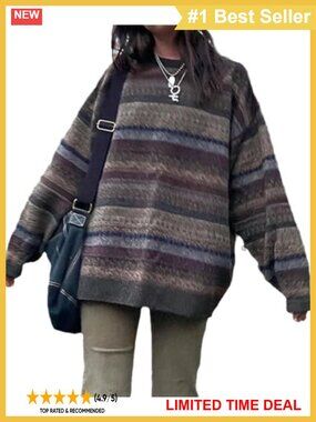 Women's Oversized Striped Knit Pullover Sweater Crew Neck Long Sleeve